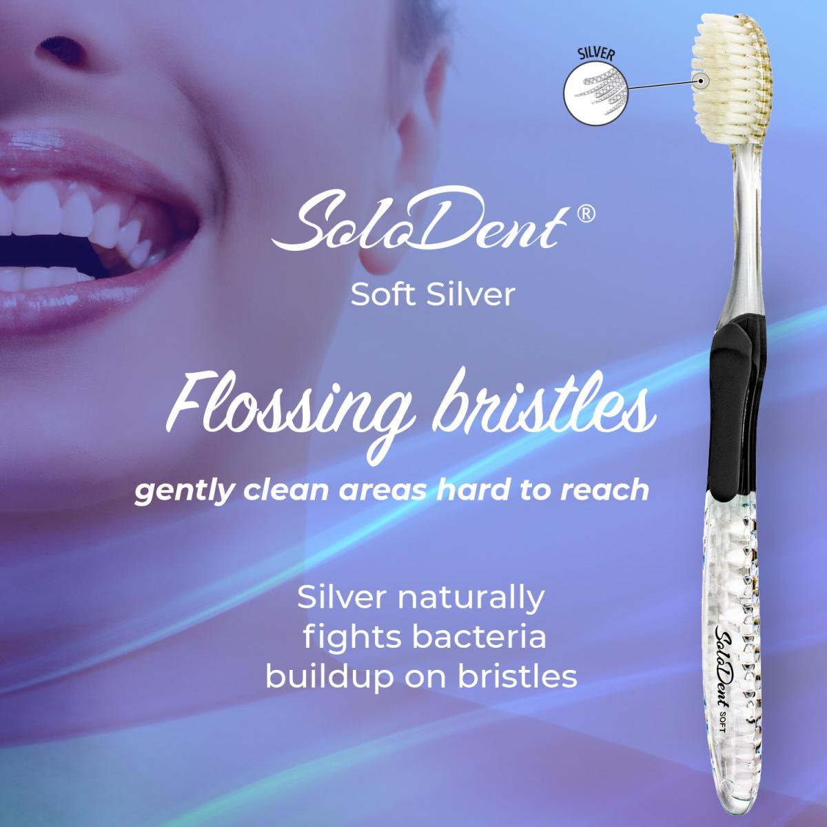 Solodent toothbrush antimicrobial silver infused soft bristles.Best for sensitive teeth, gums, braces, implants
