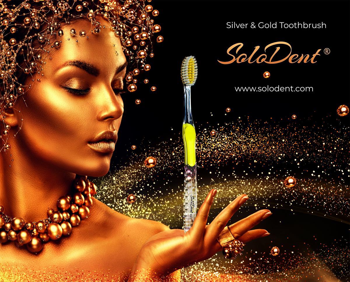 Solodent toothbrush antimicrobial silver and gold infused embossed bristles.Best for sensitive teeth, gums, braces, implants
